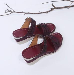 SHUNAICHI Foreign trade new large size summer retro casual flower high heel one-character womens wedge heel slippers cross-border