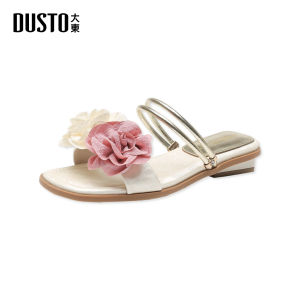 DUSTO รองเท้าแตะแต่งดอกไม้ ฤดูร้อน 2024 แต่งสายรัดเสริมส้นปลานกลาง งานส้นหนา