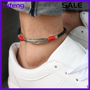 Fufeng Boho Handmade Man Feather Leather Rope Anklets Barefoot Sandal Beach Jewelry
