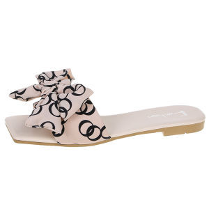 Free Shipping WomenS Flat Sandals New Summer Style Fashionable For Outdoor Wear Korean-Style With A Bow Square Toe Beach Sandals