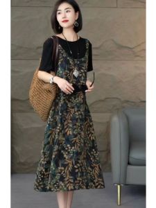 Korean Style New Design Patchwork Round Neck Short Sleeve Dresses 2024 New Version Fake Two-piece Showing Slim Basic Retro Floral Print Dress Plus Size