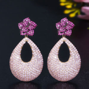 SEQUITO Trendy Women Flower and Tear Drop Dangle Earrings Paved Green White AAA Cubic Zirocnia Crystal with 925 Silver Pins Yellow Gold Plating Jewelry for Prom Ear Decoration SE804