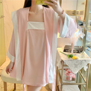 Two-Piece Set Womens Summer Long Sleeve Ice Silk Nightgown Slip Dress Real Silk Thin Homewear Spring Autumn Style