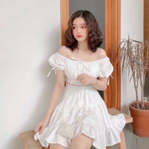 Set áo trễ vai nữ tay bồng phối chân váy tầng dáng ngắn ulzzang/ Set áo crt mặc 2 kiểu kèm chân váy xòe 2 màu sang chảnh - kudoshop
