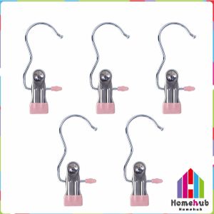 HB Windproof with Hook Clothes Drying Clips Clothes Drying Hanger Stainless Steel Anti-slip Clip 5pcs