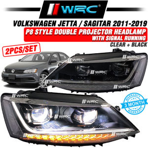 Volkswagen Jetta / Sagitar 2011 - 2019 P8 Style Double Projector Headlamp With Signal Running ( Clear + Black )