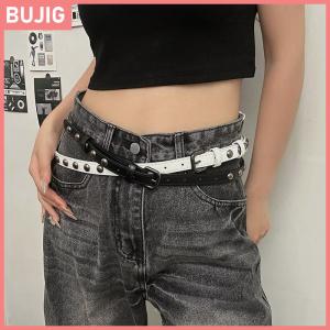 BUJIG เข็มขัดแฟชั่นสตรีสไตล์พังค์ฮิปฮอปสไตล์ร็อคเข็มขัด Y2K แบบไม่มีหมัดเข็มขัดตกแต่งกางเกงยีนส์โซ่เอว