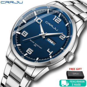 CRRJU Jam Tangan Pria Korean Fashion Multifungsi Arloji Bercahaya Kalender & Pekan Stainless Steel 5005