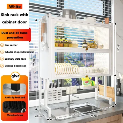 Metal Dish Cabinet Rack Dustproof Sink Rack With Cabinet Door Multi-functional Plate Drying Storage Kitchen Organizer