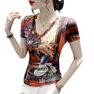REHIN Womens T-shirt Summer Fashion Mesh Unique Pattern Printed Floral Short Sleeve Shirt V-neck Slim Fit S-3XL Korean Style Trendy Tops