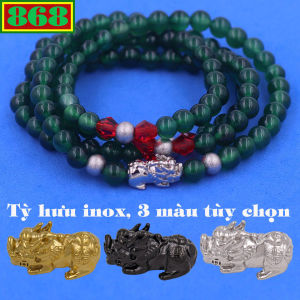 Vòng chuỗi 108 hạt đá thạch anh xanh lá charm tỳ hưu inox - hạt 6 ly 8 ly vòng chuỗi niệm Phật