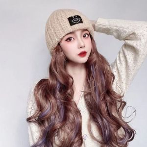 BAIXL Winter Knitted Hat Wig Highlight Blue Korean Style Long Wavy Hat Wigs Heat Resistant Fiber Hair Extension Warm Hat Wig Girls