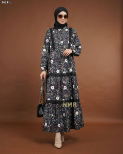 NMR Midi Dress Katun Print Embroidery Renda Vol 2611-1 (Kerah Sanghai)