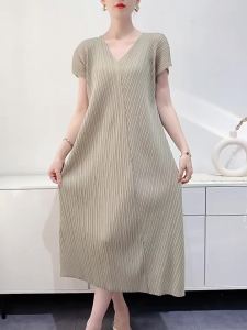 L-857# One Size (45-75kg) Summer V-Neck Split Mid-Length Comfort And Casual Pleated Dress