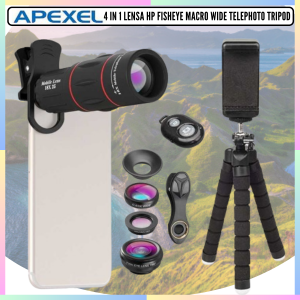 FAST DELIVERY APEXEL 4 in 1 Lensa Kamera Hp Super Hd Zoom Jernih Fisheye Macro Wide Telephoto Tripod