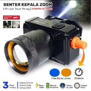 Senter Kepala Zoom 250W Sunpro SL-9981 Free Lensa Kuning & Biru Headlamp LED Laser Dimmer ( Tombol Putar ) Cahaya Putih Super Terang