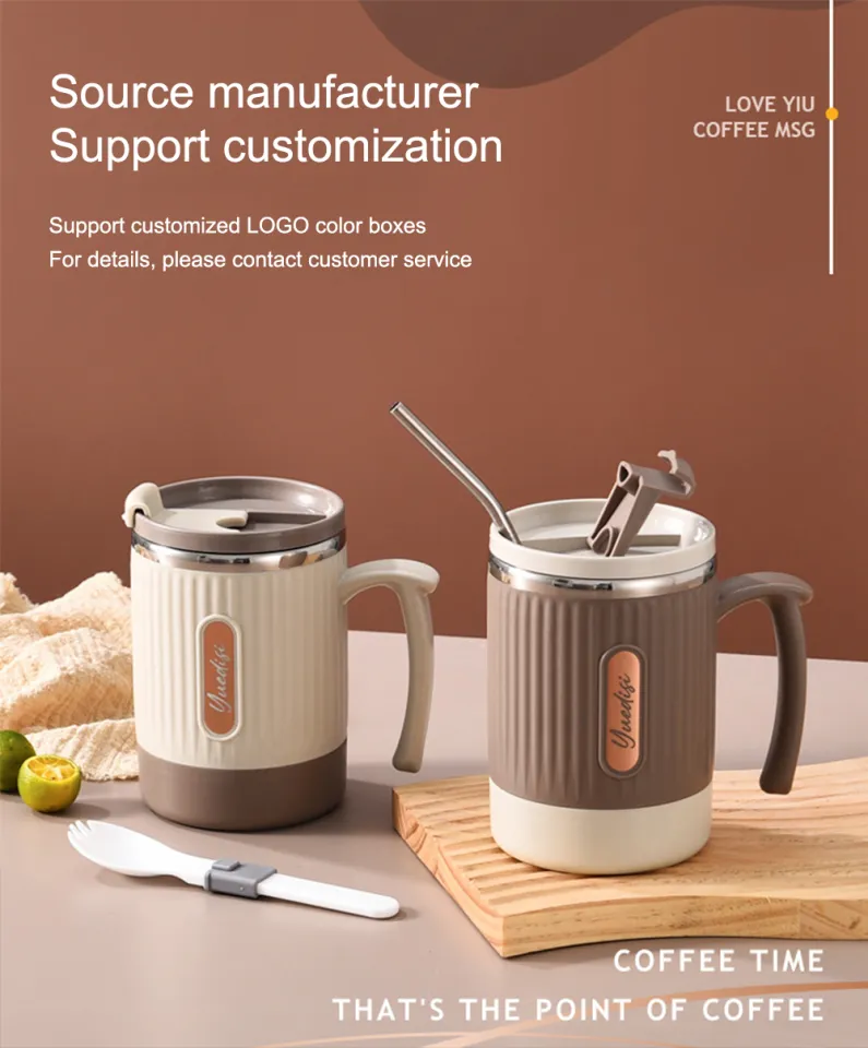 [Buy Take 1]400ml Coffee Cup Mug Tumbler Hot And Cold Vacuum With Handle  304 Stainless Steel Travel Mug Tumbler Cup With Folding Spoon&straw