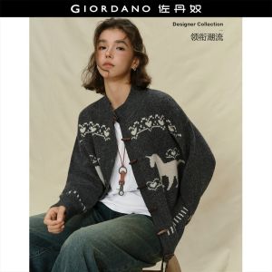 Giordano Women Knitted Sweater with Half-High Neck Unicorn Jacquard & Cardigan Placket Free Shipping 18355517