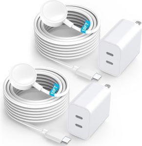 Fast Charger for Watch 2Pack Dual USB C Port iPhone Watch Charger Block Adapter with 10FT Long USB C Magnetic iWatch Fast Charging Cable Cord for iWatch Series 10/Ultra/9/8/7/6/SE/SE 2/5/4/3/1