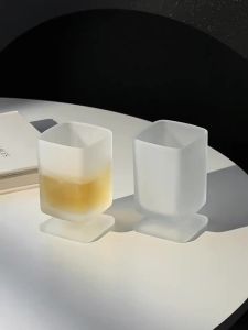 Sacesr Ins Style Frosted Square Glass Cup Tall Footed Glass Mug Juice Cup Coffee Milk Juice Household Water Cup Espresso Shot Glasses P7Q2M