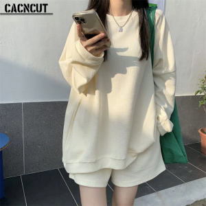 CACNCUT 2 Pieces Set Korean Style Long Sleeve Large Size Hoodie Shirt +Elastic Waist Shorts Set