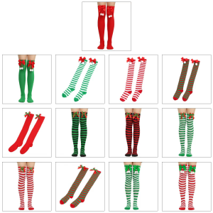 Green/Red Striped Stocking Over The Knee Long Socks Bowknot Socks Lovely Ladies Christmas Elastic Sock