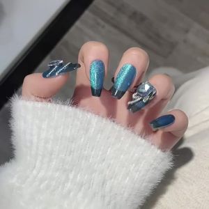 [HANDMADE]Artificial Nail New Sapphire Cats Eye French 3D Gemstone Diamond Phototpy Nails Reusable and Removable Nails