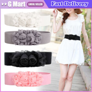 Women Elastic Waistbands with Flower Pin Button Belt for Dress Skirt Wide Belts Ladies Luxury PU Waistbands Clothes Accessories 307A-Stretch-Waist-Belt