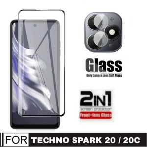 Promo Paket 2 in 1 Tempered Glass Tecno Spark 20 / 20C 2023 Anti Gores Layar Tepi Hitam + Lensa Kamera