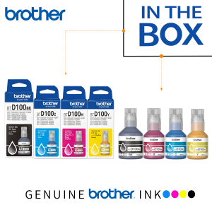 Brother Original BT D100 BK Ink Set Combo for DCP-T725DW & DCP-T755DW Printers. High Capacity BK 108ml CMY 48ml. Sharp Color & Black & White. Genuine Brother Ink. Fits Stock Paper.