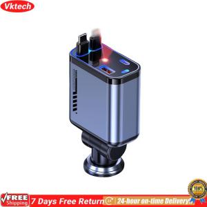 【Ready】【Vktech】4-in-1 Retractable Car Charger Car Accessories Adapter Fast Charging Car Charger Type-C Power Adapter for Phone Charging