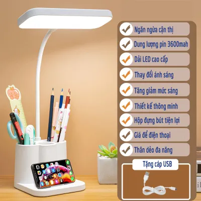 [Voucher 50K| 25.06 29.06] Đèn học để bàn tích điện kết hợp dải led 3 màu sắc điều chỉnh độ sáng và có giá để bút tiện lợi DN112