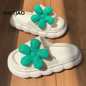 Xixitiao dép họa tiết màu xanh lá cây nhỏ phong cách cổ tích thời trang Dép bông Mùa Hè Nữ đế dày câm trong nhà thông dụng bốn mùa