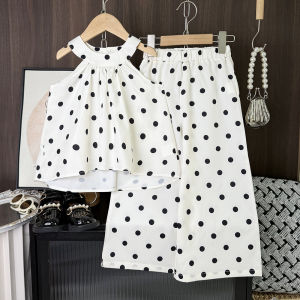 Bear Leader Summer Fashion Clothes Sets for Baby Girls 4 to 7 Years Kids Outfits New Hanging Neck Sleeveless Tops and Dots Wide Leg Pants 2 Pieces Suits Girls Casual Clothing Wear