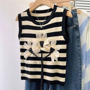 MillionGrid Mùa hè thời trang Chic hoa dệt kim vest Phụ Nữ Vòng cổ không tay sọc Tank Top
