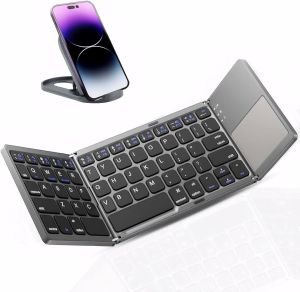 Portable Tri Fold Bluetooth Keyboard with Touchpad for iPad Tablet iPhone Android Windows Multi Device Foldable Travel Keyboard. 3-Channel Connection Multi-Device Instant Switching