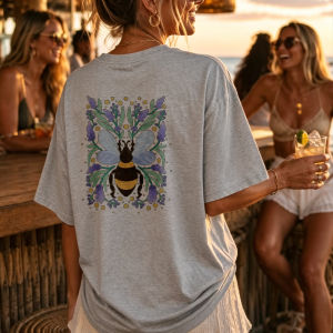 [Local Stock] HBESTY  Bee Crew Neck Short Sleeve T Shirt with Floral Pattern Purple Flowers Green Leaves Yellow Dots Gray Gothic Y2k Graphic T Shirts