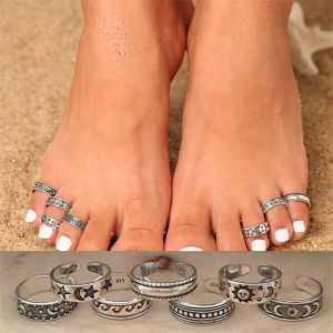 【PrettySet】7Pcs Retro Hollow Carved Star Moon Toe Rings Kits Bohemian Adjustable Opening Finger Ring for Women Boho Beach Foot Ring Jewelry Q39