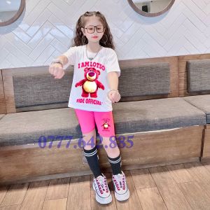Bộ lửng cho bé gái thun cotton in hình gấu dâu LASTO Bộ bé gái dễ thương HEBIKIDS
