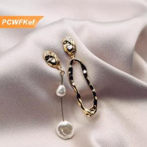 【PCWFKef】 Bông tai ngọc trai hình học Bông tai không đối xứng bông tai phong cách Baroque thời trang bất thường cá tính