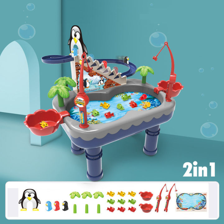 2 in 1 Kids Fishing Game Penguin Race Toys Sliding Track Music Magnetic  Pond Early Development Montessori Toy for Kid
