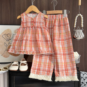 เสื้อแขนยาวเด็กลายสก็อตสไตล์โบฮีเมียนสำหรับเด็กผู้หญิงชุด2ชิ้นเสื้อยืดลายดอกไม้ฉบับภาษาเกาหลีเสื้อผ้าเด็กแขนกุด3-7ปีสไตล์โบฮีเมียน + กางเกงประดับพู่ลูกไม้