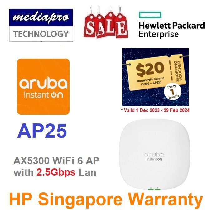HP Aruba Instant On AP25 (R9B28A) WiFi 6 AX5300 4x4 Access Point w/2.5Gbps Lan ( by HPE ) Free