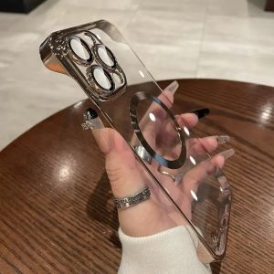 For iPhone 15 14 13 12 Pro Max 15 14 Plus Case Luxury Transparent Ultra Thin Hard PC Frameless For Magsafe Wireless Charging Phone Cover