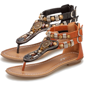 35-41 Fashion Low Heel Roman Sandals Soft Flat Sole Pin Toe Clip Anti-slip Beaded Female Shoes Office Wear Rubber Sole Sandal Popular Ladies Shoes