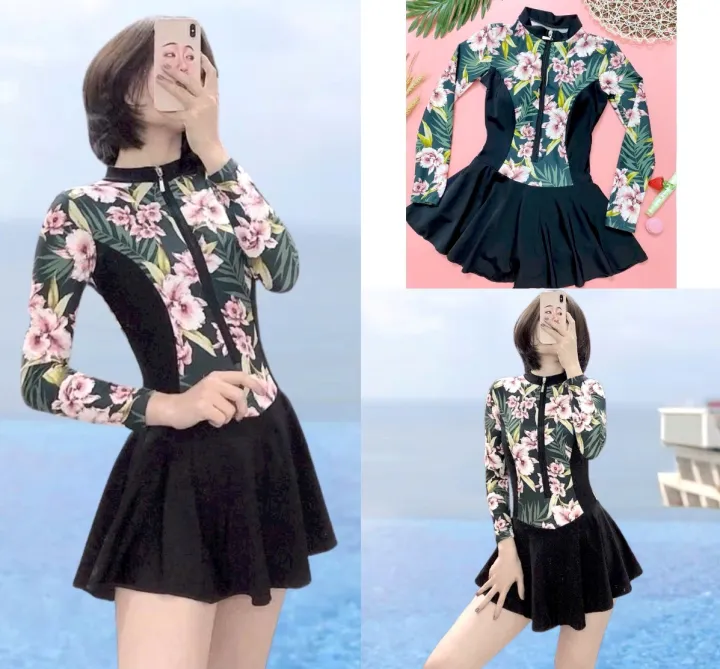 (38-60kg) Đồ bơi, bikini liền thân kiểu váy hoạ tiết hoa lá sang trọng ...