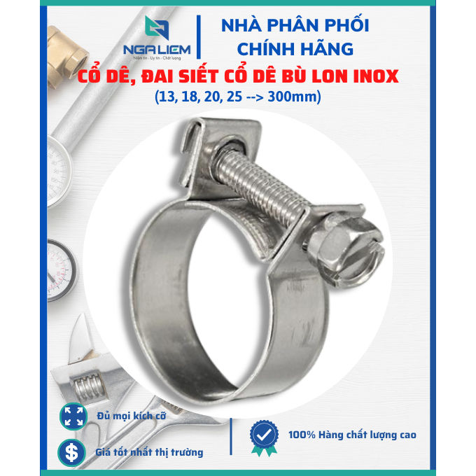 Cổ dê, đai siết cổ dê bù lon inox đủ size (13, 18, 20, 25 -- 300mm ...
