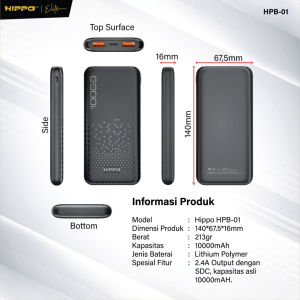 Hippo Powerbank HPB-01 10.000 Mah Fast Charging Sdc 2.4A Dual Output Usb A Dual Input Usb C Micro Garansi Resmi Hippo
