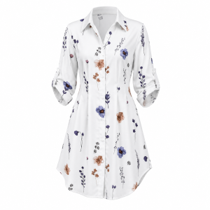 QMissLin QML-0064 Women Floral Shirt Dress Long Sleeve Button Down Casual Elegant Printed Tunic White