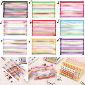 ROLL 1pc Solid Color Coin Purse Nylon Cosmetic Stationery Rainbow Color Grid Mesh Pen Bag Zipper Pencil Case Cosmetic Storage